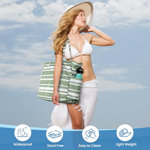 Trifabricy Beach Bags for Women Waterproof Sandproof Women Tote Bag, Large Beach Bag with Zipper for Gym Travel Vocation - color: Green