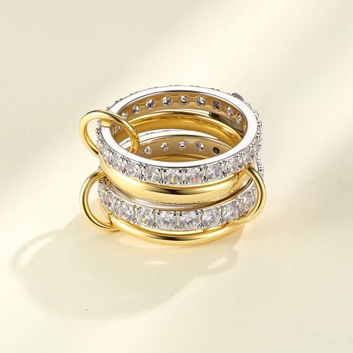 PATISORNA Gold Stackable Rings for Women Non Tarnish 18K Gold Plated Interlocked Stack Rings Set Silver Gold Mixed Metals Multi Ring Statement Thumb Rings Cubic Zirconia Connected Bands Fashion Jewelry Gifts - color: Thick Bands & CZ