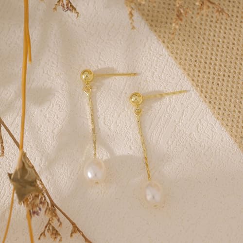 Pearl Earrings for Women, Dainty Wedding Bridal Earrings 14k Gold Plated CZ Pearl Drop Earrings for Women Trendy Hypoallergenic Unique Gold Drop Earrings Fashion Prom Jewelry - color: Gold-H