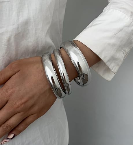 Chunky Gold Bangle Bracelets for Women, Dainty 14k Gold Plated Big Stackable Bangles Set, Trendy Cuff Bracelet Stack Fashion Jewelry Gifts - style: Silver chunky bangle