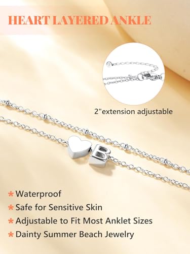 Silvora Ankle Bracelets for Women Waterproof 14K Gold/Silver/Black Initial Anklet for Women Dainty Layered Heart Ankle Bracelets Stainless Steel Adjustable Foot Chain Anklet Summer Beach Jewelry - color: B-Silver