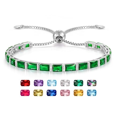Radiant Cut Birthstone Tennis Bracelets for Women, Adjustable 6–9 Inches White Gold Plated Sterling Silver Bracelet, Hypoallergenic Anniversary Birthday Valentine’s Day Gift for Her - color: 05-Emerald