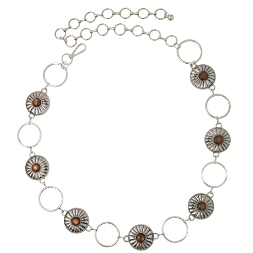 Women's Concho Chain Belt – Adjustable Western Waist Belt for Cowgirl, Festival & Boho Outfits - color: Silver With Tiger's Eye Brown, size: Large-X-Large