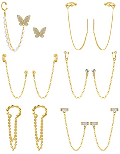 Tornito 6-12Pcs Cuff Earring Chain Leaf Snowflake Star Butterfly with CZ Crawler Climber Earring Studs Drop Dangling Chain Wrap Tassel Earring for Women Men 20G Silver Gold Tone - color: E:Gold Tone