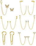 Tornito 6-12Pcs Cuff Earring Chain Leaf Snowflake Star Butterfly with CZ Crawler Climber Earring Studs Drop Dangling Chain Wrap Tassel Earring for Women Men 20G Silver Gold Tone - color: E:Gold Tone