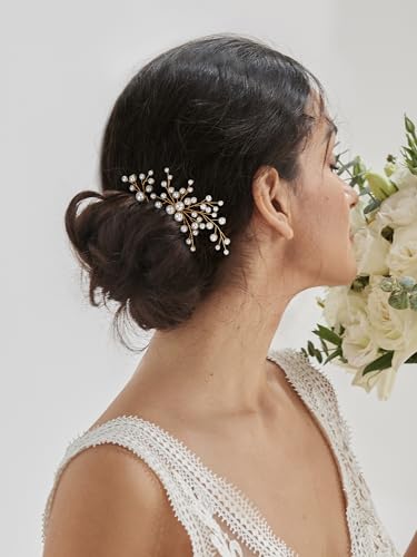 SWEETV 7 Pieces Bride Hair Accessories Pearl Wedding Hair Pins Leaf Bridal Hair Piece Vintage Hair Headpiece Leaf Hair Clips Jewelry for Women Bridesmaids Brides Flower Girls - color: Set-B-Gold