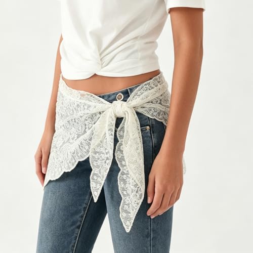 Women Y2K Lace Fringe Hip Scarf Boho Triangle Tassel Waist Cover Up Skirt Wrap Sheer Tie Belt Aesthetic Streetwear - color: I White