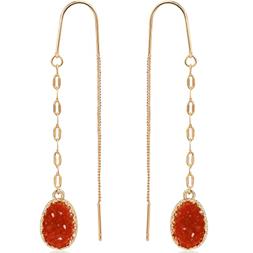 Simulated Druzy Threader Earrings for Women - Gold, Silver, or Rose Gold Tone Long Chain Earrings with Boho Created Geode Stone - color: Gold - Red Stone