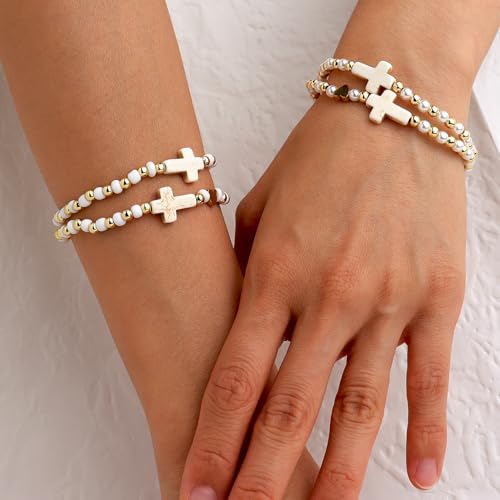 Gold Beaded Pearl Cross Stack Friendship Bracelets Set for Women, 4Pcs Boho Trendy Handmade White Beads Elastic Stretch Stackable Bracelet Prom Jewelry Gift.