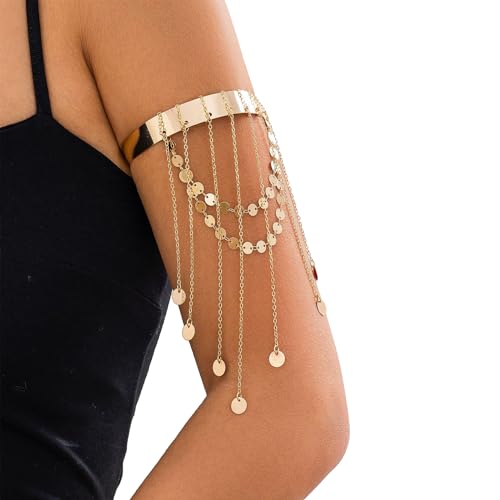 Simple Multi-layered Sequin Tassel Chain Upper Arm Bracelet Summer Beach Adjustable Open Arm Cuff Bangle Bracelets Bikini Armlet Body Jewelry for Women - color: Gold