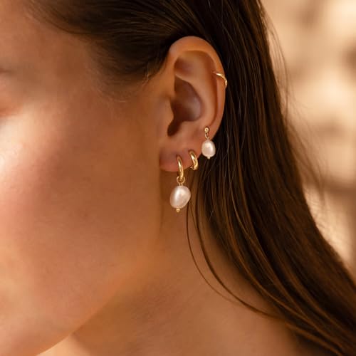Pearl Earrings for Women, Gold Plated Huggie Hoop Drop Earrings | Hypoallergenic pearl hoop earrings designed for multiple piercings, cartilage styling and everyday wear - style: 4 pearl earring set
