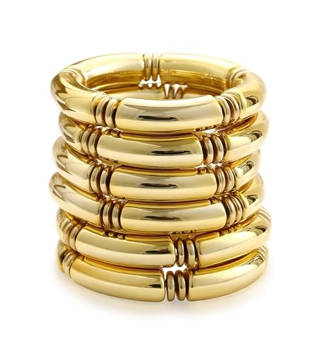 iF YOU 6pcs Chunky Acrylic Bangle Bracelets for Women, Resin Bamboo Brown Stretchy Bracelet Stack, Fashion Jewelry for Women - color: 6 Gold chunky acrylic bracelets