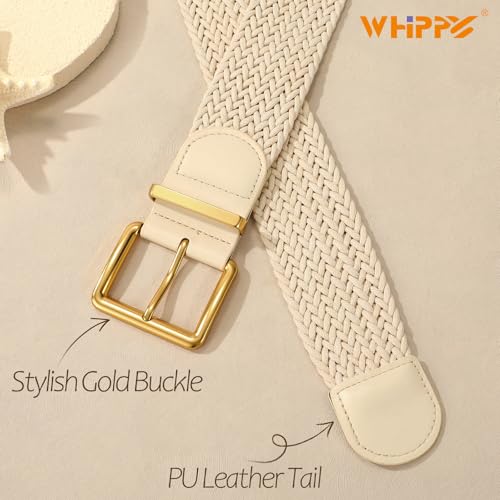 WHIPPY Women Wide Woven Belt Fashion Boho Rattan Braided Belt with Gold Buckle Raffia Straw Woven Waistband for Dresses - color: Light Beige, size: Fit Waist Size 35"-39"