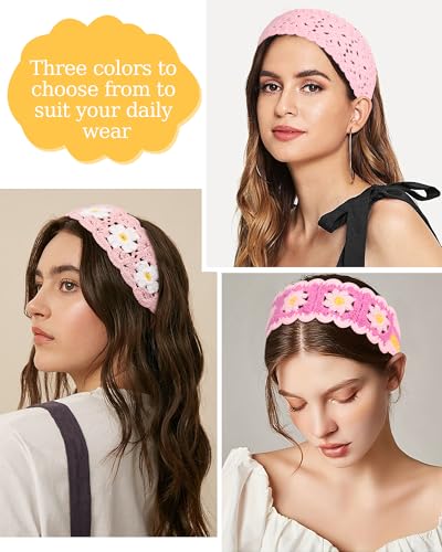 HAIMEIKANG Hippie Hair Bandanas Headbands for Women Boho Headband Knit Hair Bands Floral Head Wrap for Girls(Pink) - color: Pink