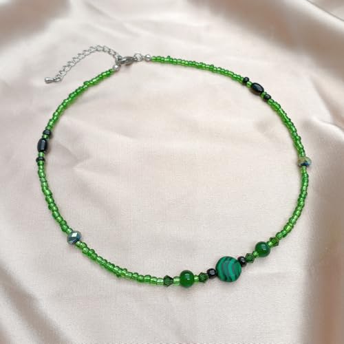 Beaded Necklaces for Women Summer Beach Beaded Necklace Bead Choker Boho Necklaces for Women Handmade Summer Jewelry Stainless Steel 18K Gold Plated - color: Green