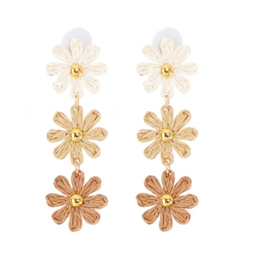 Raffia Flower Earrings Boho Handmade Straw Wrapped Drop Dangle Earrings for Women Summer Beach Jewelry - color: khaki