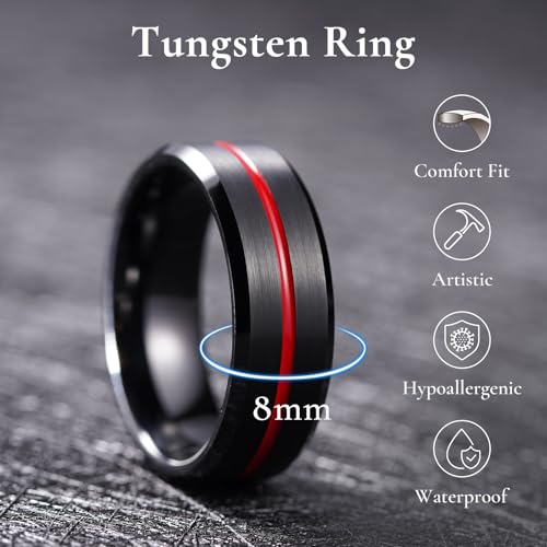 King Will Mens Tungsten Rings for Men Two Tone Grooved Mens Wedding Band Cool - color: Black & Red