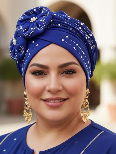 Woeoe Beanie Cap Head Wrap Black Rhinestones Head Scarf Flower Pearls Twisted Head Turban for Women Girls - color: Blue