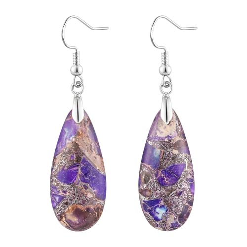 Stone Drop Earrings for Women Earrings Teardrop Jasper Stone Dangle Earrings - color: Brownish Purple-Silvery Hook