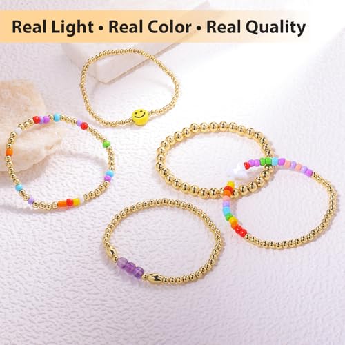 Gold Beaded Bracelets for Women: 14K Gold Bracelets for Women Trendy Dainty Gold Ball Bracelet Stack for Womens - Boho Stretch Bracelets Jewelry Sets with Cross Fashion Accessories Gifts for Women - style: Orange Heart