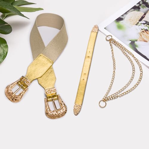 Dubulle Womens Belt Chain Leather Belts Vintage Western Adjustable Elastic Double Buckle for Cowboy Pant Dress - color: Gold