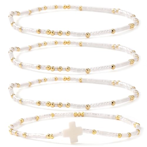 Gold Colorful Beaded Cross Bracelet Stack Set for Women,Handmade Bohemian Seed Beads Stacked Bracelets Fashion Holiday Jewelry Gift - color: White
