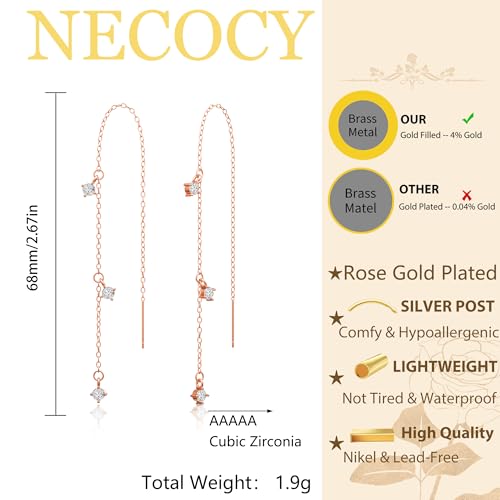 NECOCY Gold Dangle Earrings for Women Non Tarnish 14K Gold Plated Drop Wedding Hypallergenic Earring Dainty Long Hanging Chain CZ Pearl Threader Earrings Trendy Silver Plated Jewelry for Women - style: Rosegold&Style3