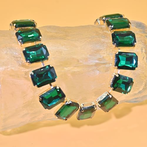 Fashionable Chunky Plated Tennis Rhinestone Statement Necklace Jewelry Set for Women Multicolor gem necklace with Great Sparkle and Shine Design for Women to Easy Match - color: emerald square rhinestone