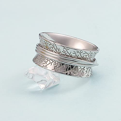 925 Sterling Silver Anxiety Ring with Beads Fidget Spinning Rings for Women Worry Beads Rings - color: leaf design