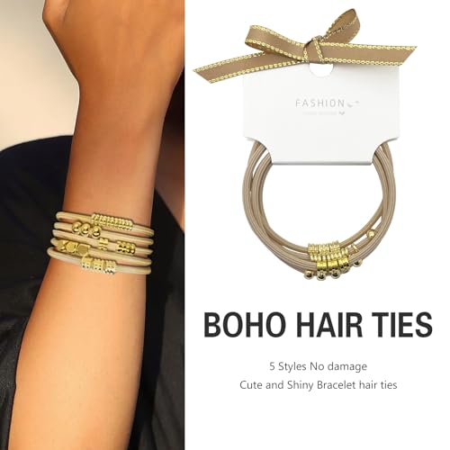 Blonde Boho Hair Ties Bracelet, Cute Ponytail Holders with Gold Bead Jewelry for Women, Trendy Elastic Hair Accessories for Thick, Thin, Curly Hair (Beige) - color: Beige-06