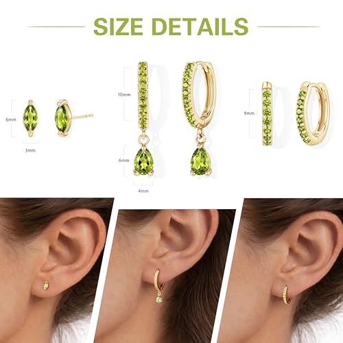 14K Gold Plated Small Huggie Hoop Earrings Set for Women, Hypoallergenic Dainty Sterling Silver Dangle Studs for Cartilage Helix, Lightweight Trendy Cute Stack Birthstone Jewelry Gift - color: 08_Peridot_Aug_Gold