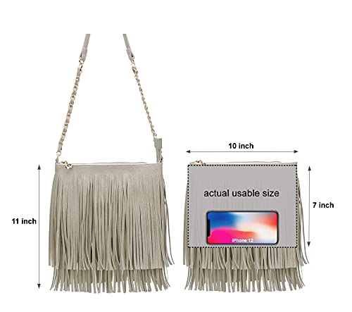 Solene Fringe Crossbody Shoulder Bag with Strap, Tassel Messenger bag, Country Style Western Fringe Purse for Women - color: Grey