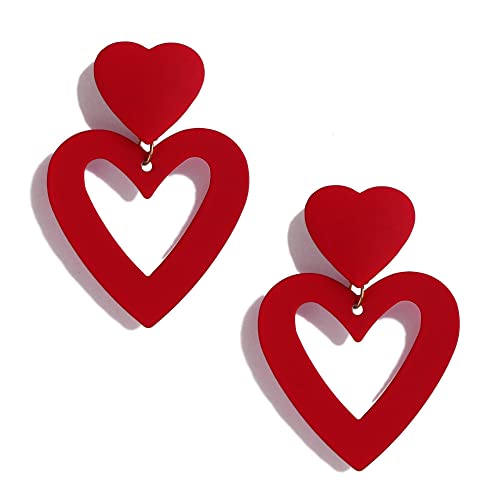 Double Heart Earrings Dangling Heart Drop Earrings For Women Love Heart Dangle Earrings Birthday Gift - color: Dark Red
