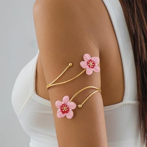 Arm Cuff Jewelry for Women Adjustable Flower Cuff Bangle Bracelet Gold Armband Upper Jewelry Gifts for Women Boho Western Accessories - color: B6:pink flower