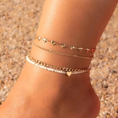 Fesciory Women Heart Anklet Adjustable Beach Layered Ankle Bracelets for Women Gold Alloy Foot Chain Jewelry - color: Gold Heart(4 Pack)