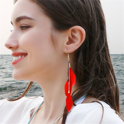coadipress Boho Piercing Tassel Feather Long Chain Earrings Retro Lightweight Native Feather Dangle Drop Earrings for Women Bohemian Handmade Natural Feathers Earring Jewelry - color: Red