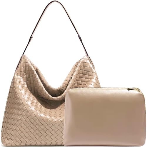 JINMANXUE Women Boston Bag, Woven Hobo Tote Handbag and Purses, Female Satchel Messenger Bags, Fashion Shoulder Crossbody Bag - color: Milk Tea