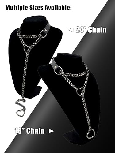 Black Leather Choker Collar For Women, Handmade Heart Slip Chain Choker Long Necklace with Adjustable Buckle - color: B-Black-Black-Black, size: 24''chain