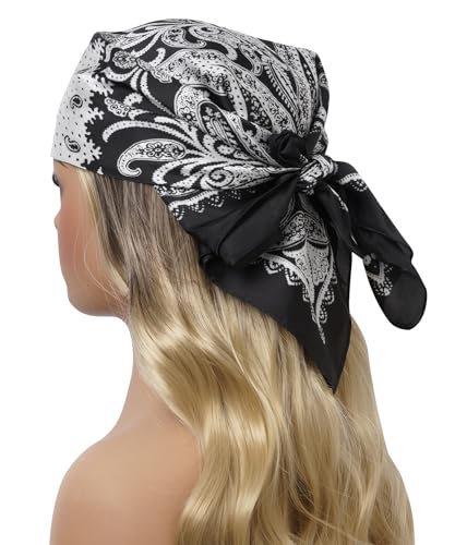 CHUNG Women's Scarf Hair Bandanas Square 27.5" Satin Wrap Fashion Pattern Scarves Emulation Silk Handbag Ribbons Necktie - color: Black Paisley