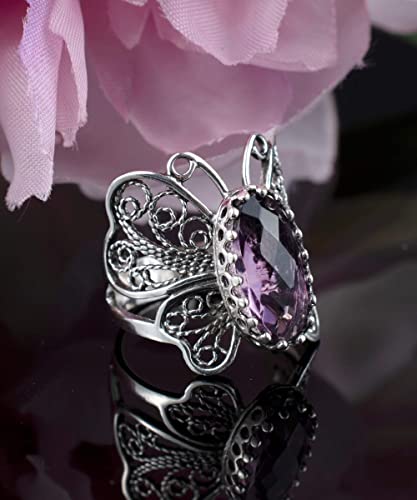 Filigranist Sterling Silver Filigree Art Butterfly Women Cocktail Ring with Gemstones - color: Amethyst
