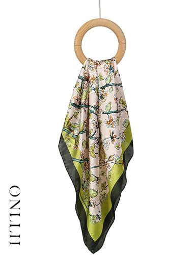 100% Mulberry Silk Scarf for Women Hair Lightweight Square Neckerchief Wrap For Head Scarves 21" - color: 13-green Floret /21"*21"