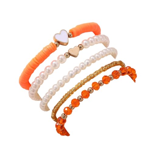 Caiyao Bohemia Multilayer Heart Imitation Pearl Beaded Stackable Bracelets Set Colorful Surfer Heishi Clay Gold Beads Stretch Bracelets for Women Men Summer Beach Boho Vacation Jewelry Gifts - color: Orange