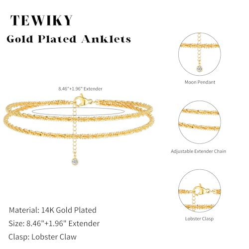 Tewiky Sterling Silver Plated Ankle Bracelets for Women,Dainty Layered Waterproof Anklet for Women Adjustable Sparkly Herringbone Beaded Rope Chain Set Stackable Cute Summer Beach Jewelry Gift - color: gold1