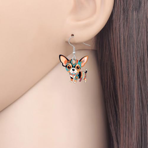 BONSNY Colorful Cute Chihuahua Dangle Earrings Mexican Folk Art Style Dog Pets Design Gifts for Chihuahua Lovers Women Fun Hypoallergenic Jewelry Accessories - color: Brown