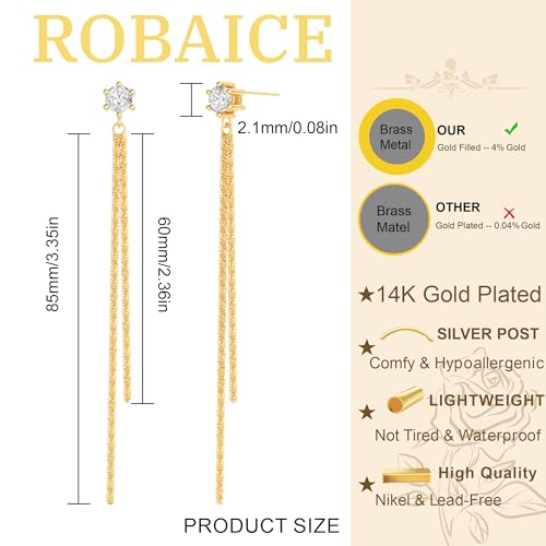 Robaice Gold Long Prom Earrings for Women, 14K Gold Plated Pearl Dangle Drop and Chain Tassel Threader Earrings Dangling，Rhinestone Zirconia Hypoallergenic Bride Party Prom Gold jewelry，Women Gifts - style: D-CZ dangle drop tassel