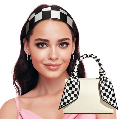 Sumolux Head Hair Scarf for Women Neck Purse Bag Handbags Scarf Like Silk - color: Black White Checkered Pattern