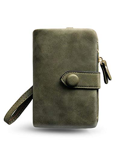 AOXONEL Women's Small Bifold Leather wallet Rfid blocking Ladies Wristlet with Card holder id window Coin Purse - color: Army Green