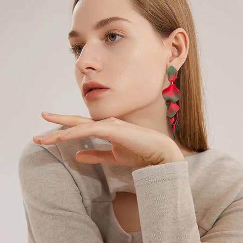 Long Acrylic Rose Petal Earrings Dangle Exaggerated Flower Earrings Drop Statement Floral Tassel Earrings for Women - color: Green + Red