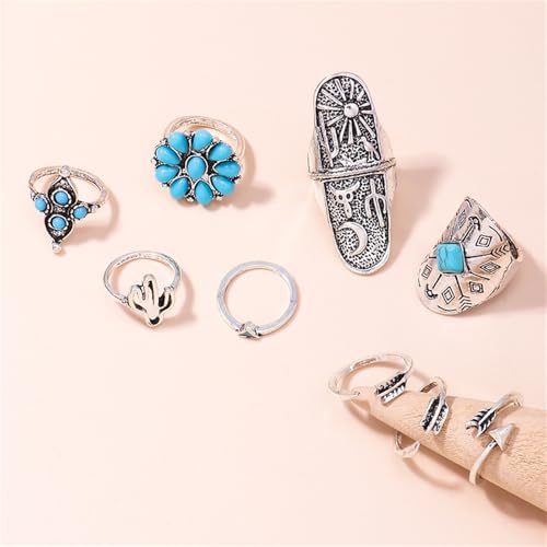 Bohemian Joint Knuckle Rings Set for Women,Vintage Boho Turquoise Stackable Rings Chunky Retro Turquoise Midi Finger Ring Statement Western Jewelry - style: Style A