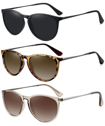 WOWSUN Retro Polarized Sunglasses Womens Trendy Round Classic Glasses - color: 3 Pack: Brown Gradient Brown+leopard Brown+black